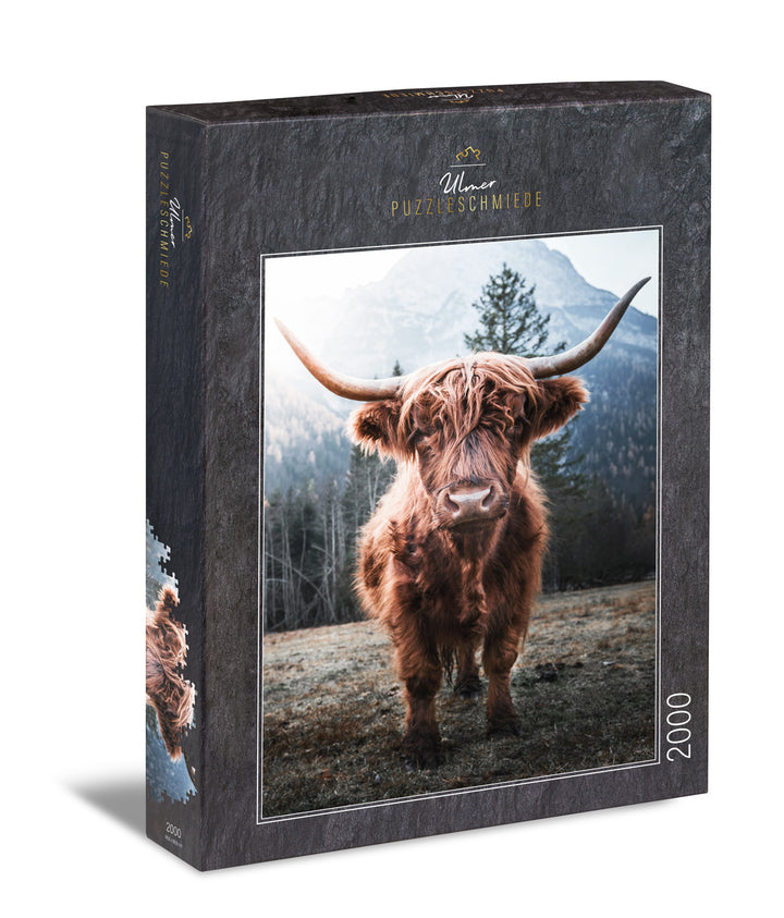 Tier-Puzzle 2000 Teile „Hochland" Schachtel – Hochlandrinder Schottland – Ulmer Puzzleschmiede